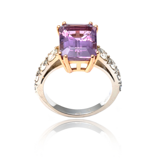 Inel aur alb si roz 18k cu Ametist 4.00ct si diamante de 1.30ct